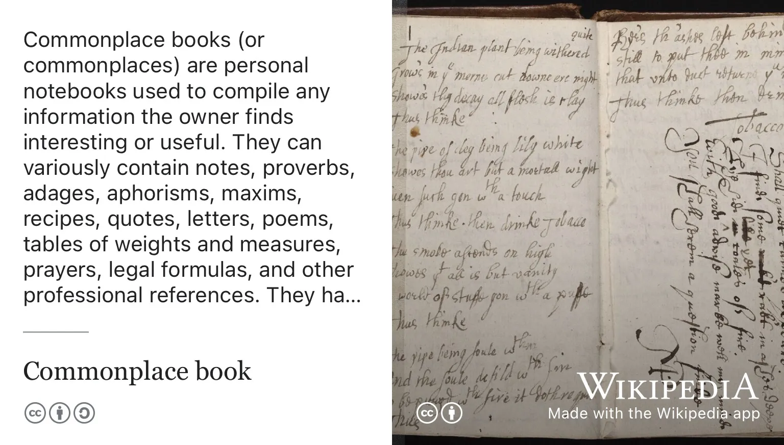 Wikipedia app screenshot of the article “Commonplace book”, beside a photograph of a page from a 17th-century handwritten notebook.