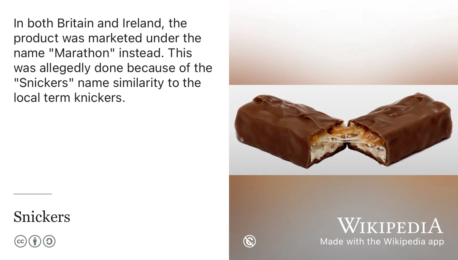 Wikipedia app screenshot of the “Snickers” article, noting the bar was marketed as “Marathon” in Britain and Ireland because of the name’s similarity to “knickers”, beside a photo of a Snickers bar snapped in half.