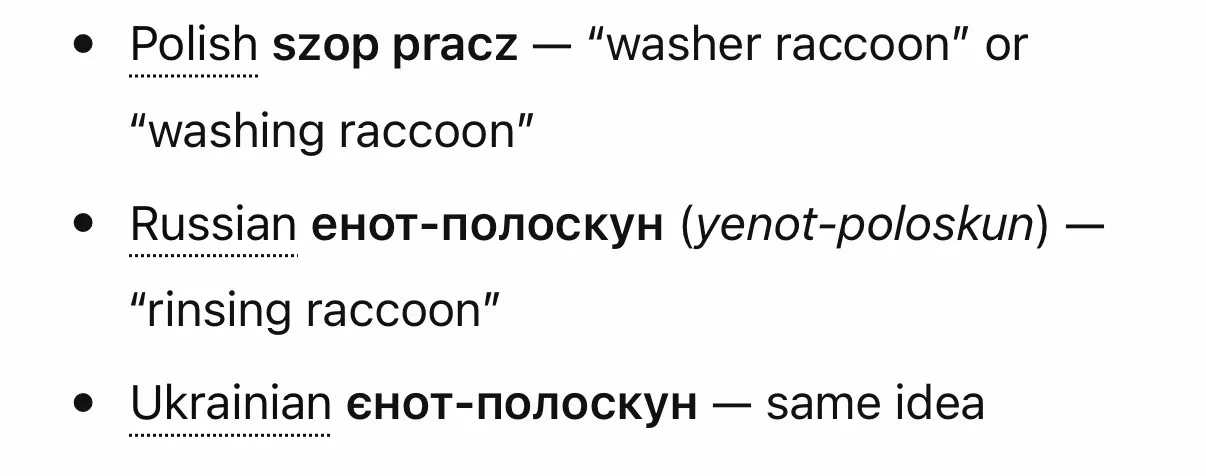 A list continuing the raccoon etymologies: Polish szop pracz (“washer raccoon”), Russian енот-полоскун (“rinsing raccoon”), and Ukrainian єнот-полоскун, the same idea.